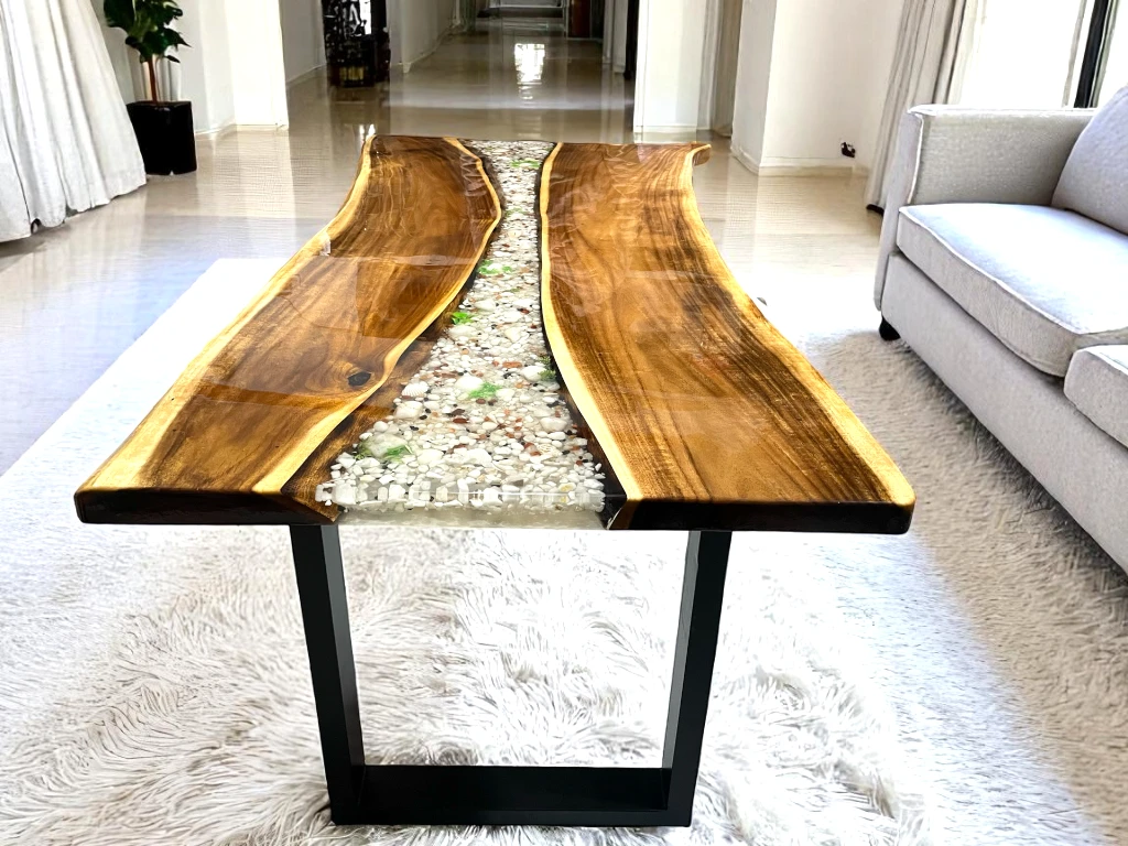 Live Edge Walnut Desk – Clear Epoxy Resin Pebbles Design